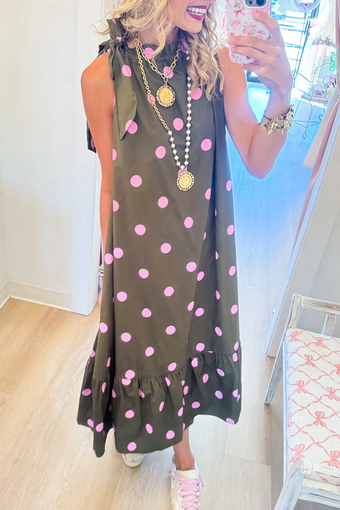 Ruffle Neck Tie Detail Polka Dot Sleeveless Pocket Maxi Dress