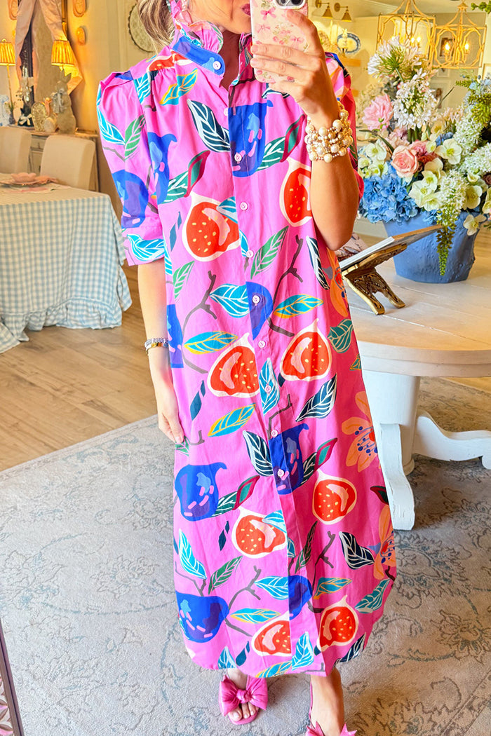 Ruffle Neck Button Up Pocket Maxi Dress