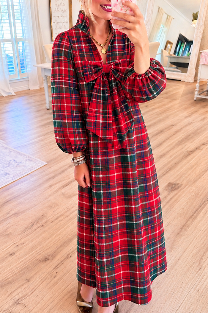 Red Tartan Plaid Bow Pocket Maxi Dress