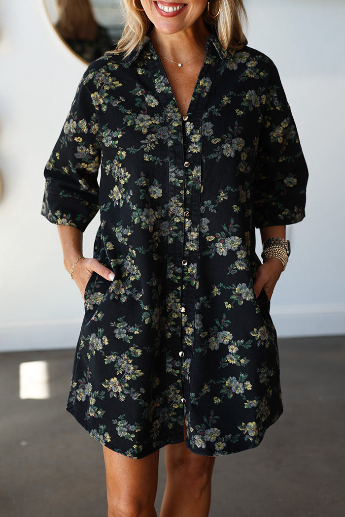 Button Front Floral Pocket Dress