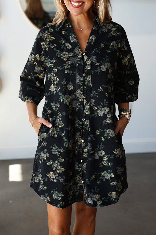 Button Front Floral Pocket Dress