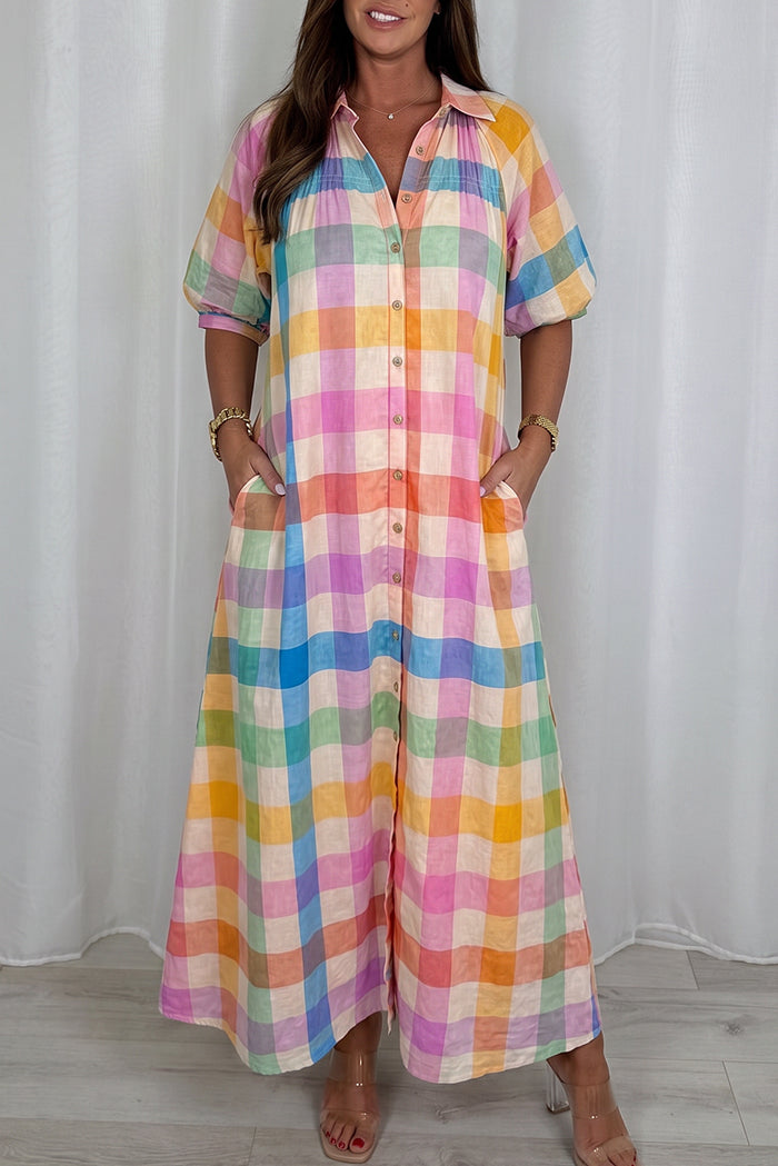 Multicolor Gingham Puff Sleeve Pocketed Maxi Dress