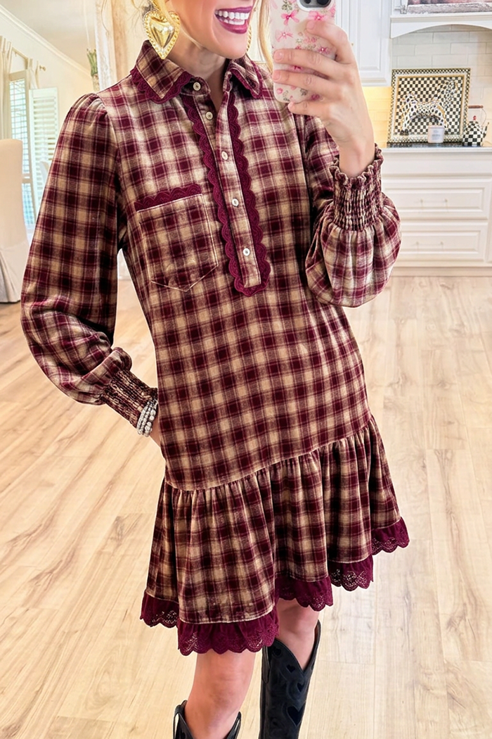 Plaid Collared Lace Trim Smocked Cuff Ruffle Hem Dress