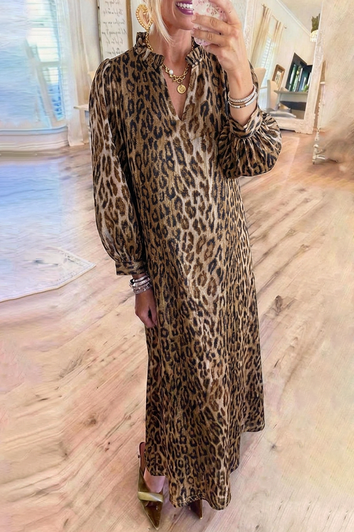 Leopard Print Ruffle Split Neck Puff Sleeve Maxi Dress