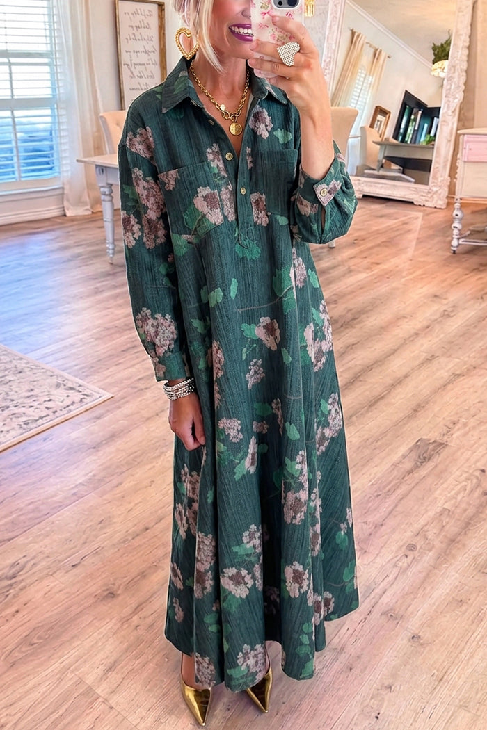 Deep Green Collared Floral Pocket Maxi Dress