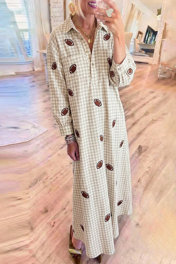 Beige Gingham Football Embroidery Collared Half‑Button Maxi Dress
