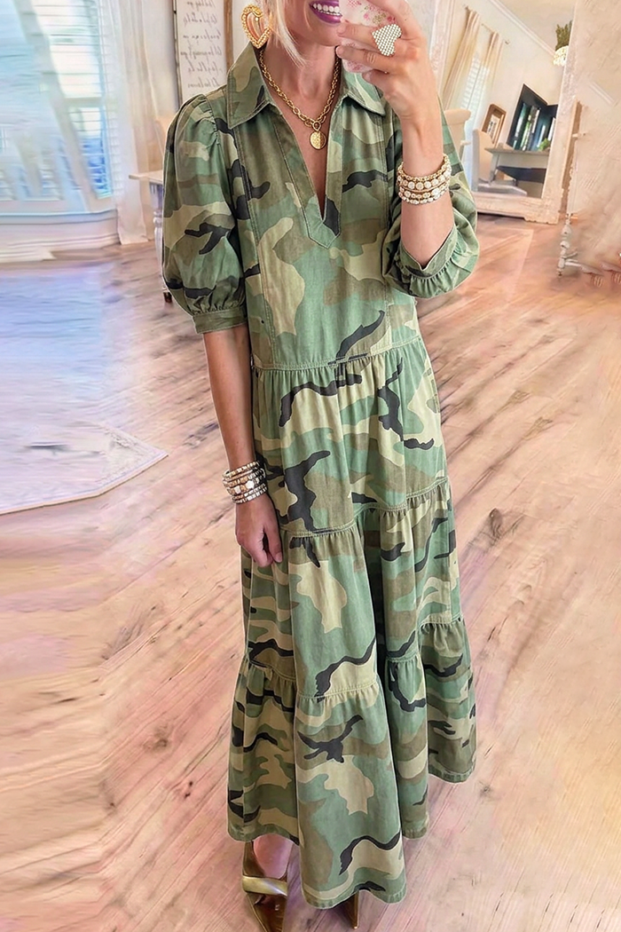 Camo Collar Puff Sleeve Tiered Denim Dress