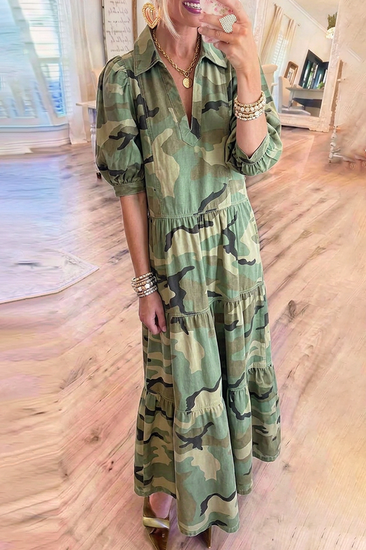 Camo Collar Puff Sleeve Tiered Denim Dress