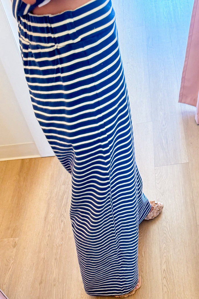 Sleeveless Denim and Cream Stripe Tube Top Pant Set