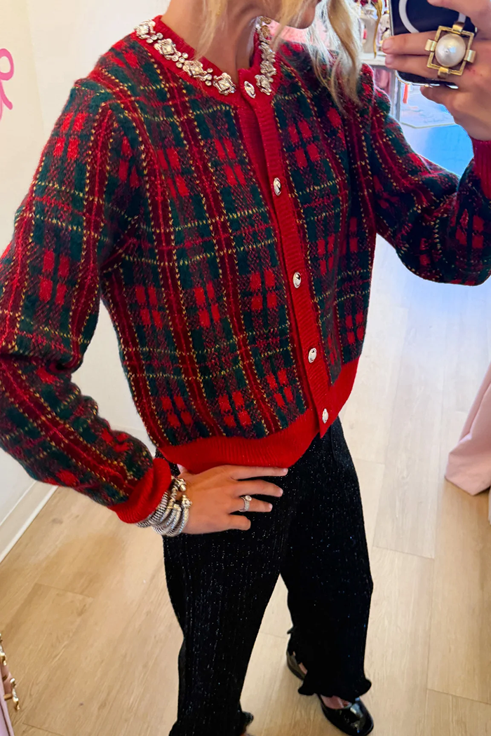 Red And Green Plaid Knit Cardigan