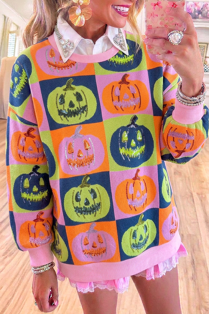 Checker Pumpkin Sequin Motif Long Sleeve Crew Neck Sweatshirt