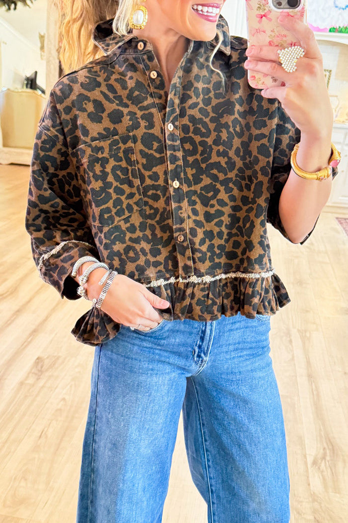 Casual Leopard Ruffle Hem Top