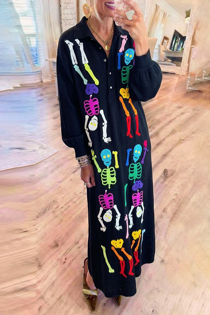 Black Skeleton Collared Half Button Long Sleeve Maxi Sweater Dress