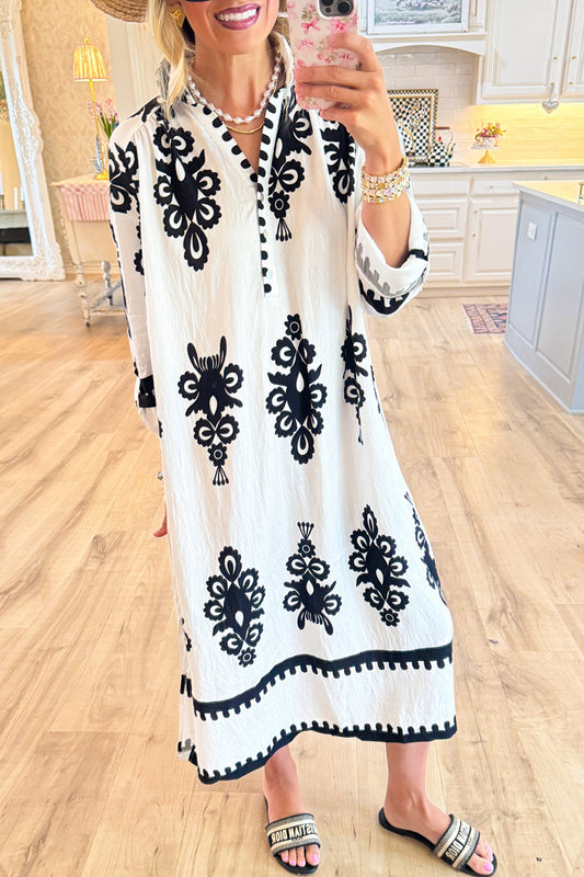 Black and Cream Abstract Print Midi Dress