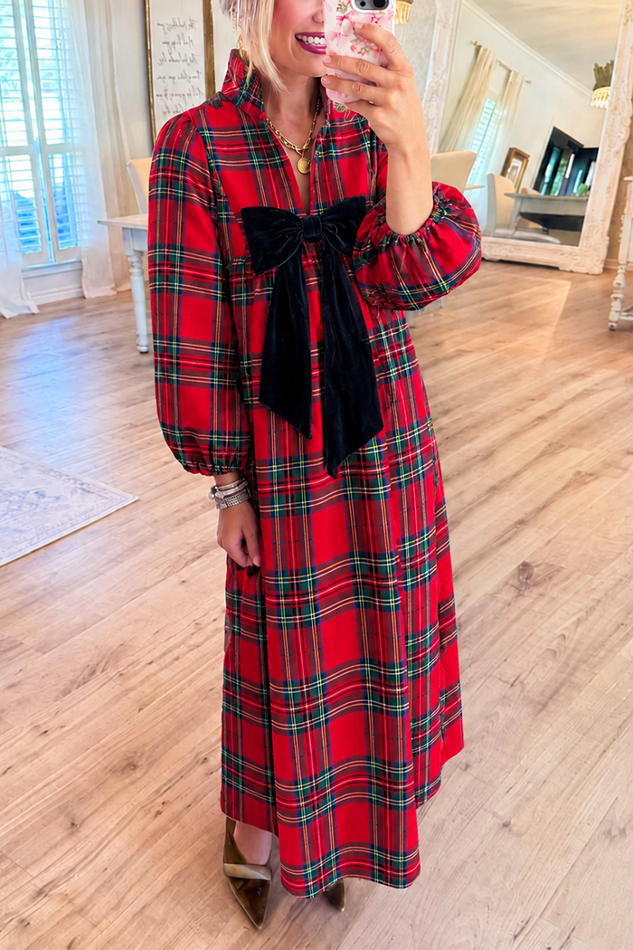 Bow Plaid Long Bubble Sleeves Pocket Maxi Dress