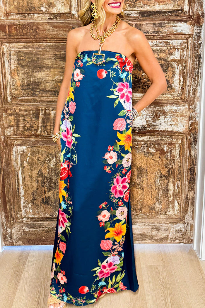 Navy Floral Detailed Strapless Pocket Dress