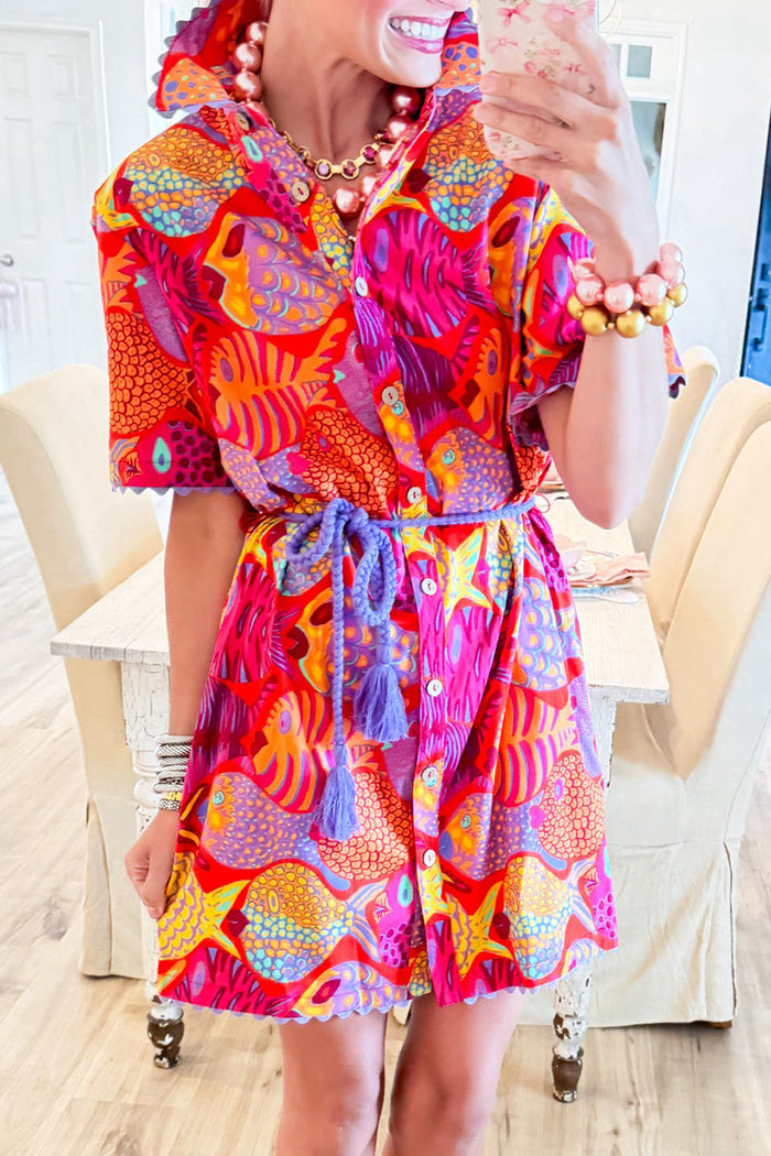 Red Fish Print Scallop Trim Dress