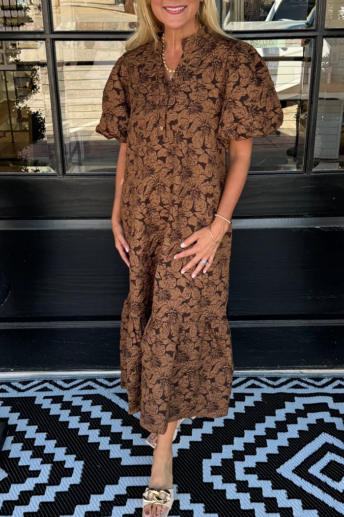 Brown Puff Short Sleeve Floral Dress