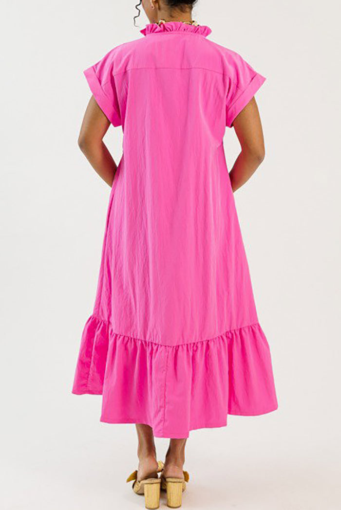 Cuffed Sleeve Ruffle Hem Pocket Midi Dress