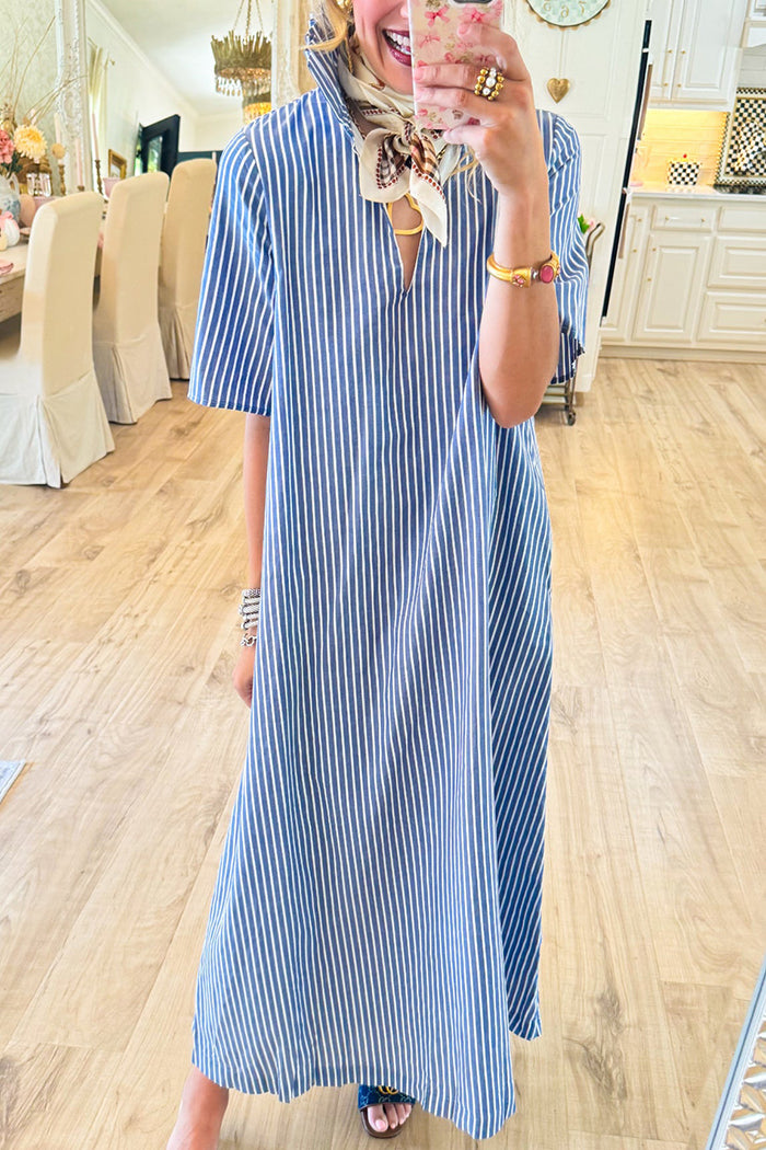 Casual V-Neck Pockets Striped Maxi Dress