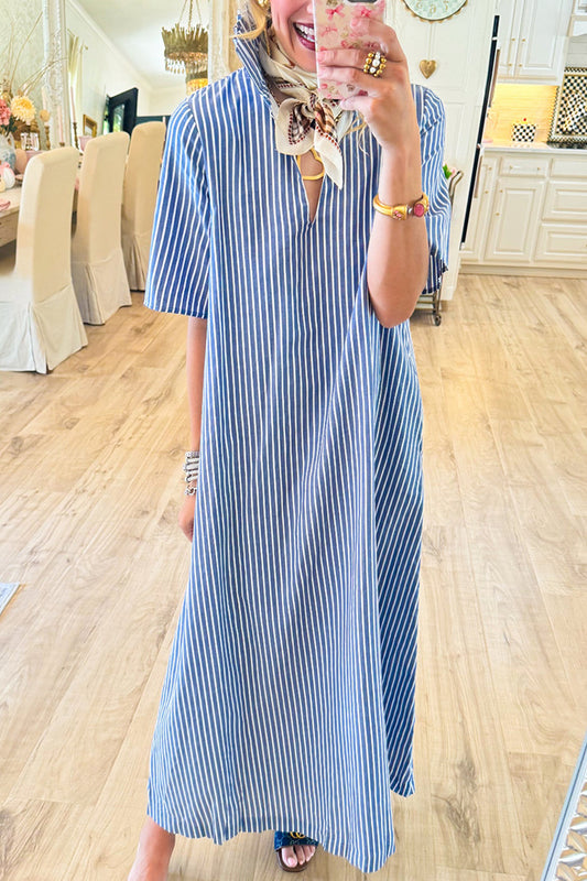 Casual V-Neck Pockets Striped Maxi Dress