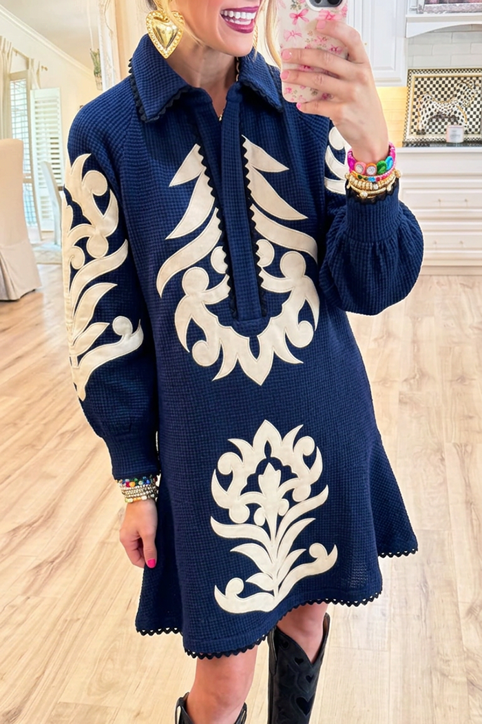 Waffle Applique Balloon Sleeves Ruffle Hem Pockets Dress
