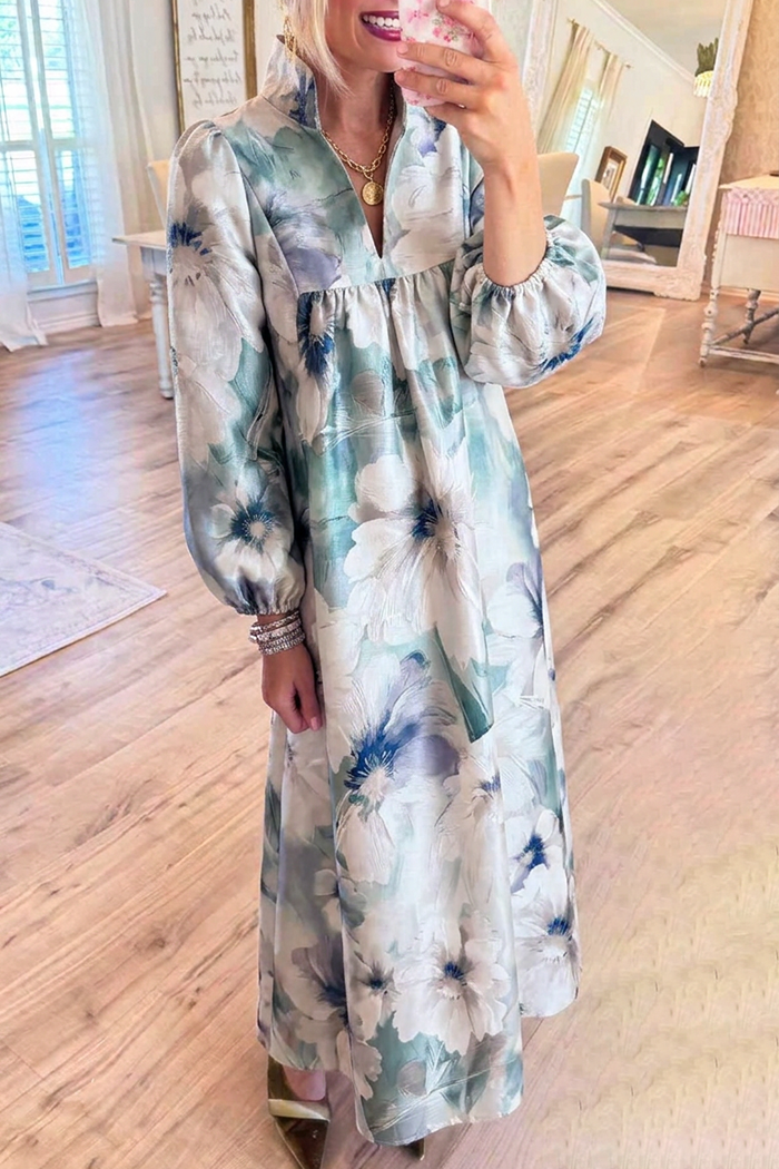 Watercolor Floral Puff Sleeve Pockets Maxi Dress