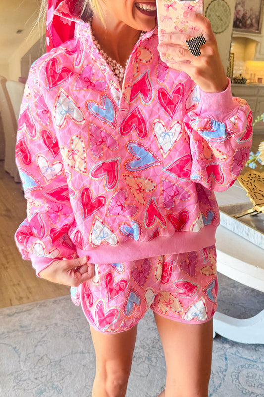 Heart Print Drawstring Waist Short Set