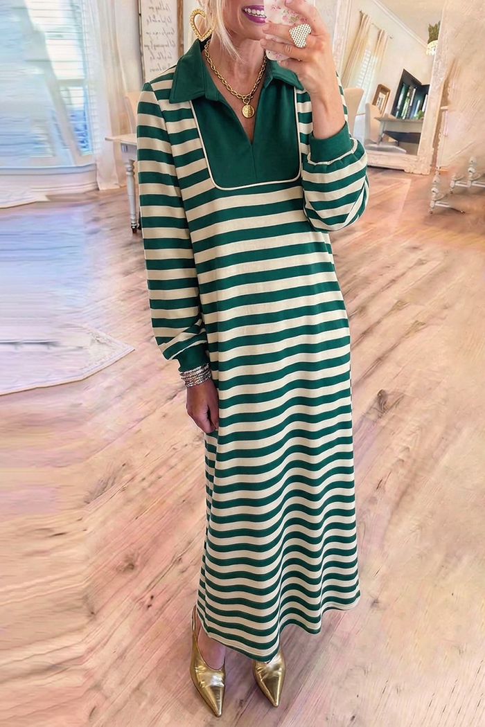 Stripe Polo Collar Long Sleeve Maxi Dress