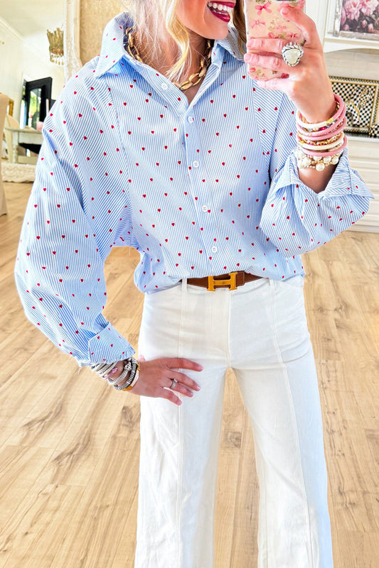 Stripe Heart Print Button Up Top
