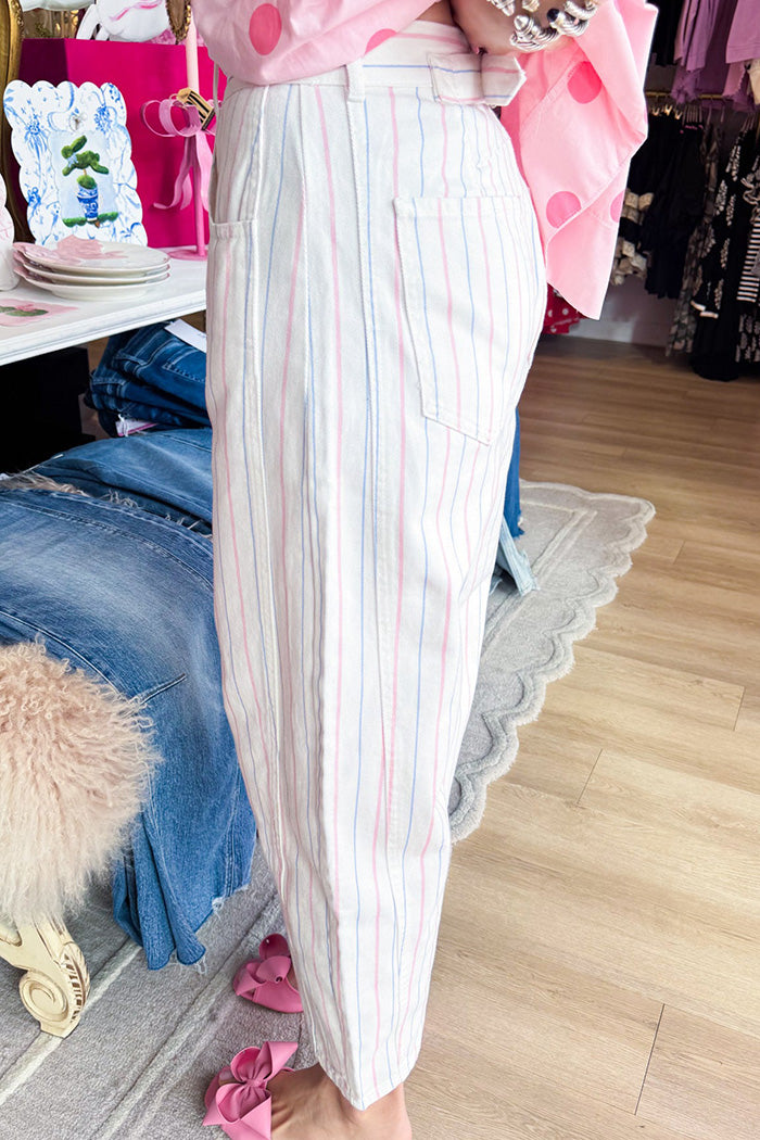 Pink and Blue Stripe Barrel Pocket Jeans