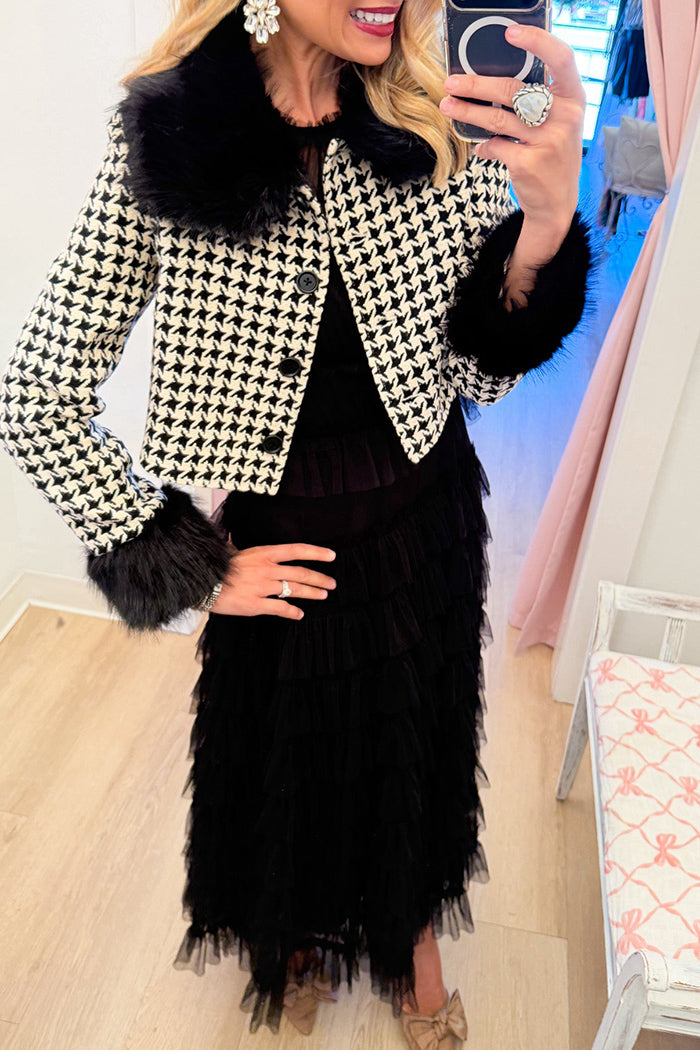Black Houndstooth Faux Fur Trim Jacket