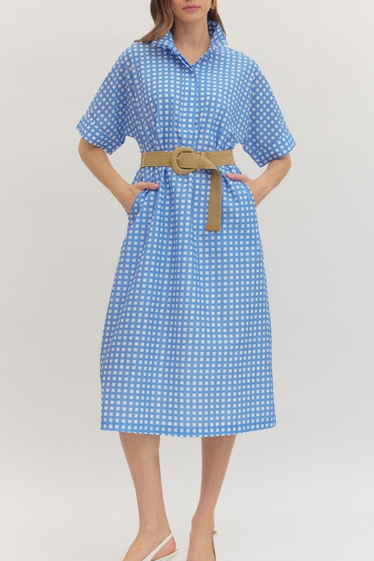 Check Print Short Sleeve Pocket Midi Dress