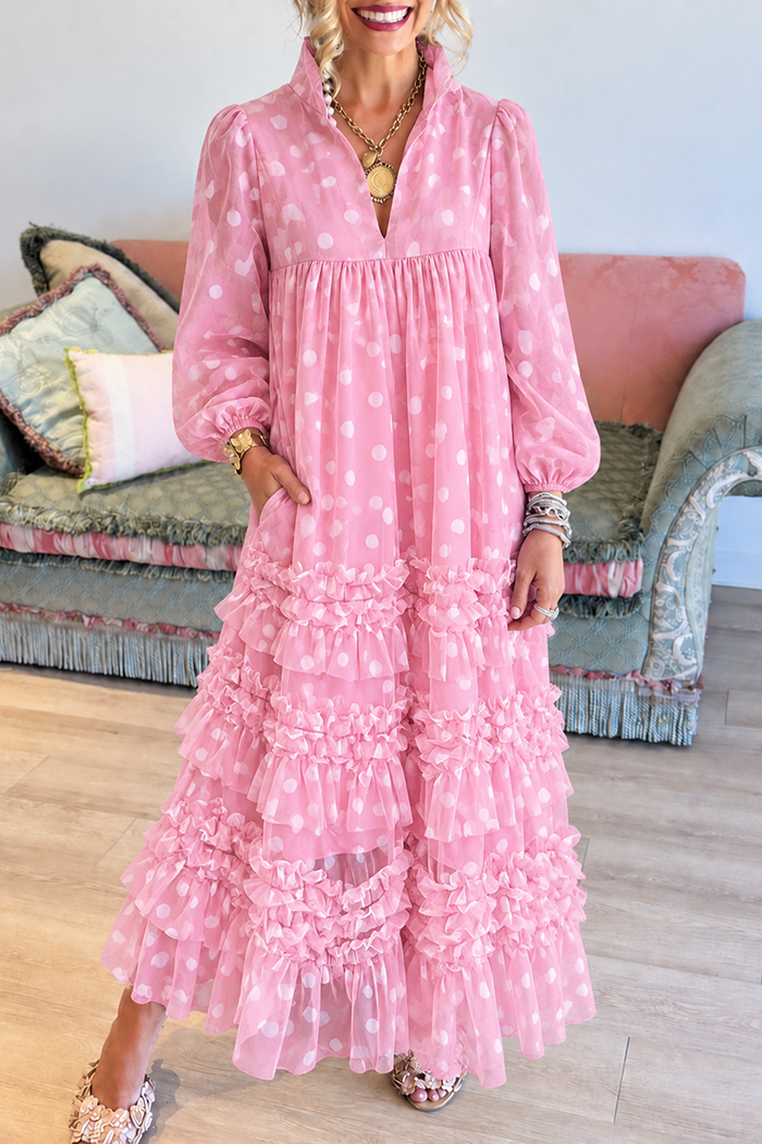 Pink Polka Dot Ruffled Pockets Maxi Dress