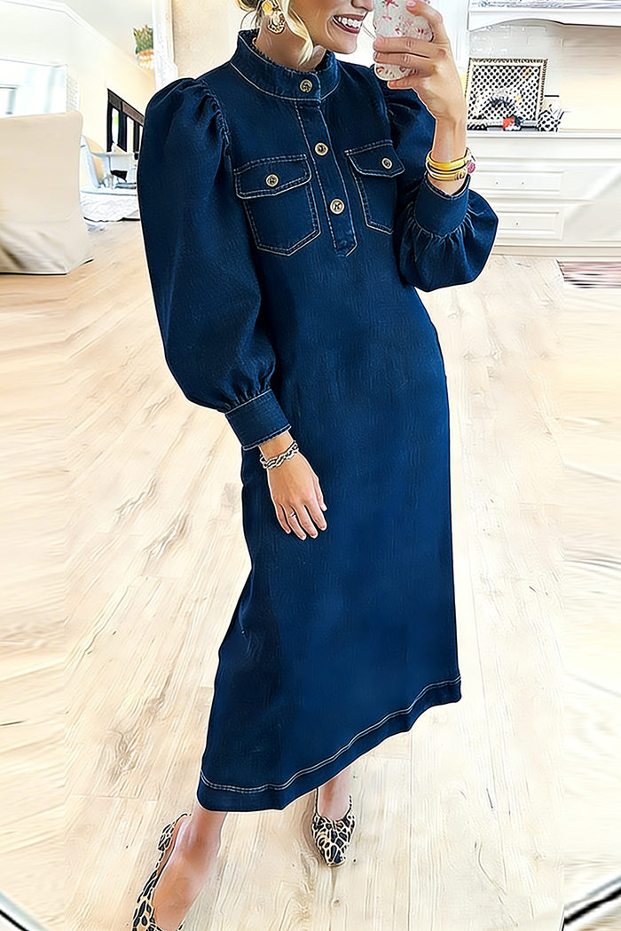 Buttoned Mandarin Collar Chest Pocket Denim Dress