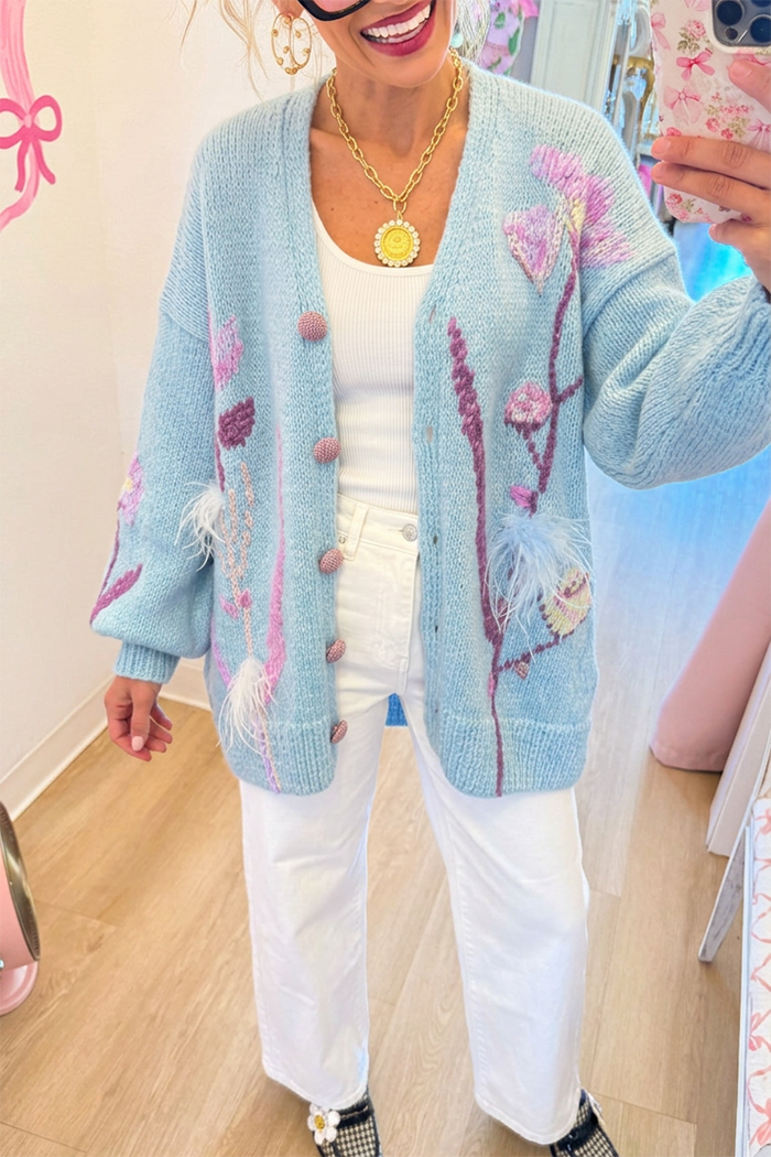 Casual Floral Pattern Feather Trim Cardigan
