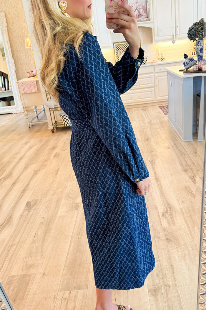 Printed Button Down Pocket Denim Midi Dress