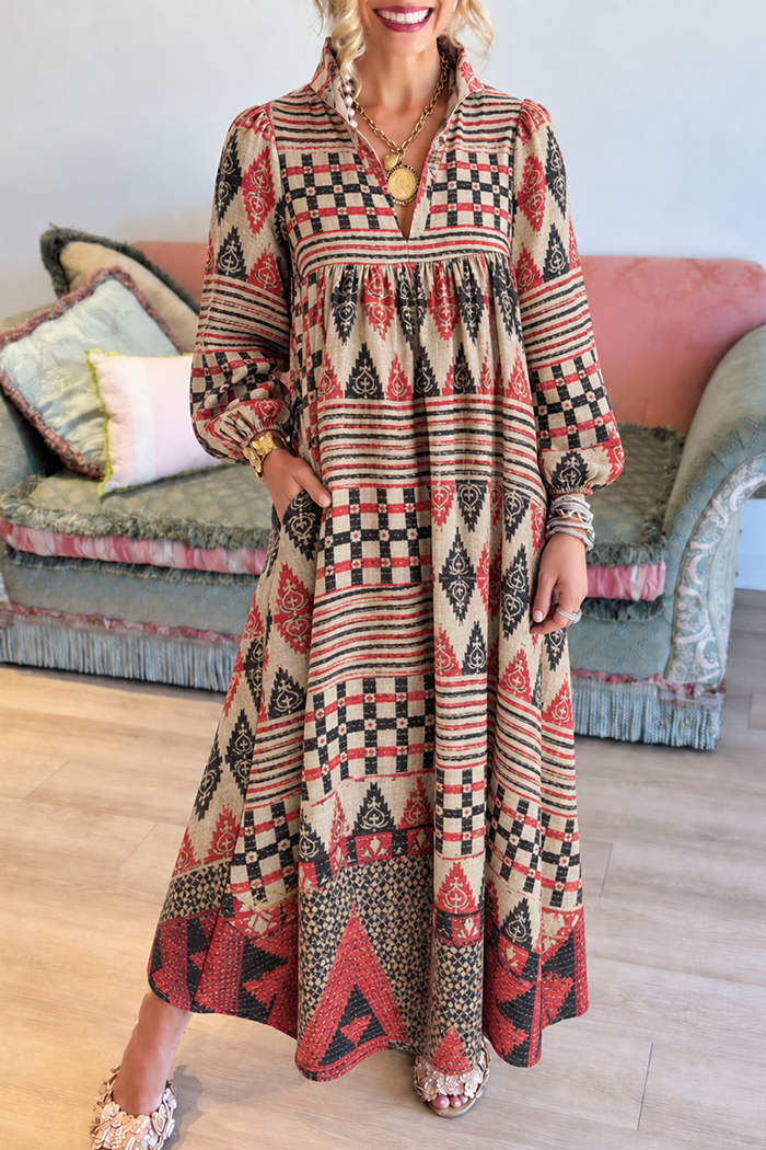 Long Sleeve Boho Pockets Maxi Dress