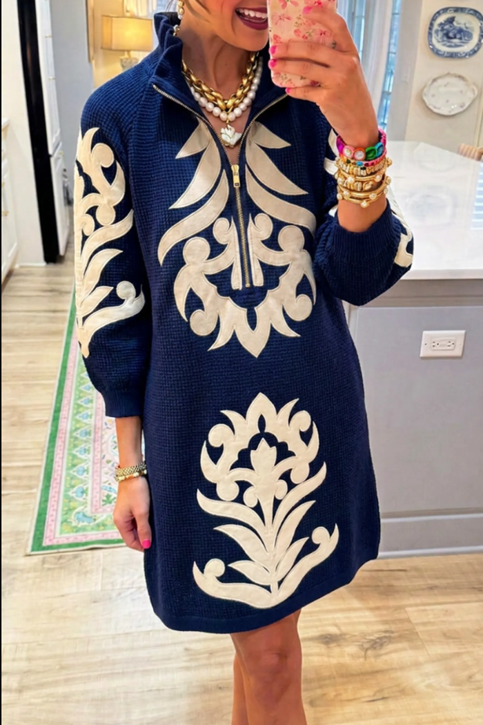 Navy Knit Half Zip Collar Floral Pattern 3/4 Sleeve Sweater Dress
