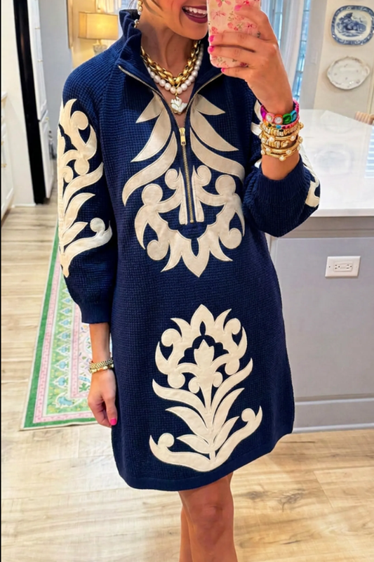 Navy Knit Half Zip Collar Floral Pattern 3/4 Sleeve Sweater Dress