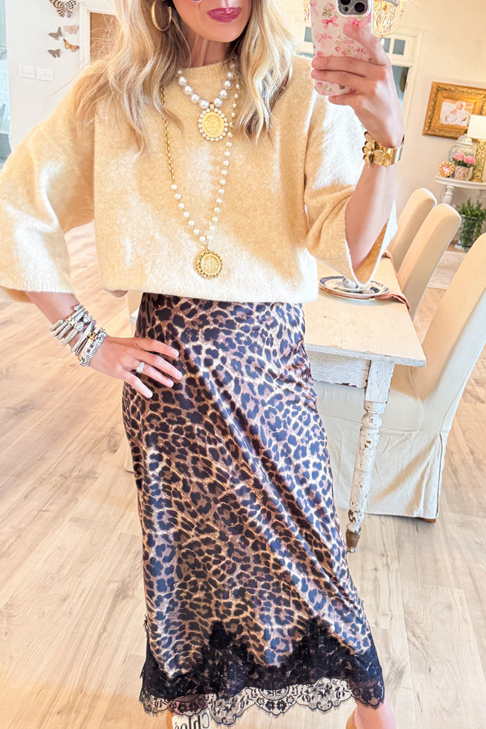 Casual Leopard Lace Hem Maxi Skirt