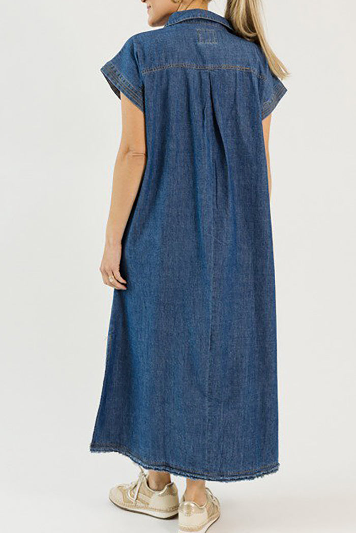 Denim Pocket Split Raw Hem Midi Dress