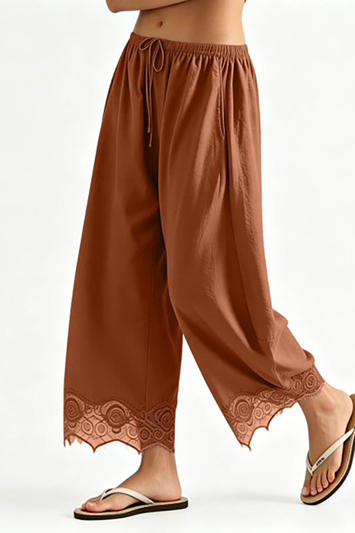 Drawstring Trimmed Hemmed Cropped Wide Leg Pants