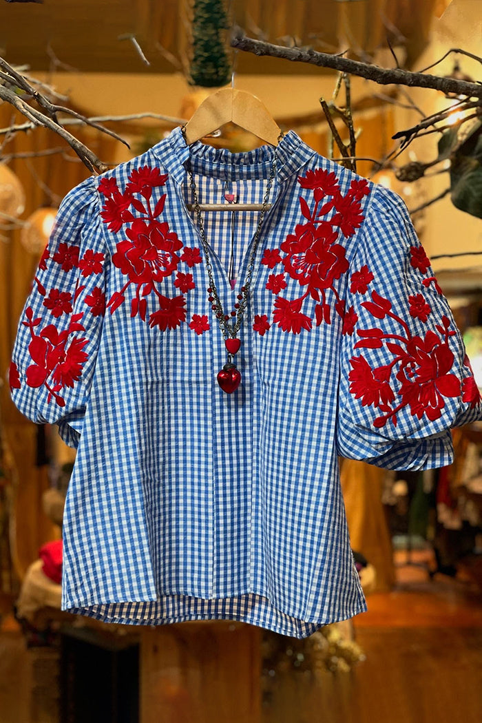 Puff Sleeve Floral Gingham Top