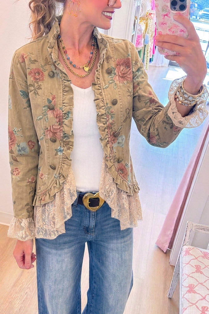 Casual Retro Floral Lace Denim Jacket