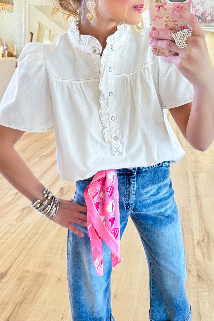 Ruffle Neck Short Sleeve Button Down Top