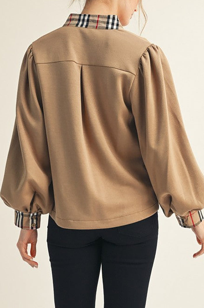Plaid Contrast Accent Long Puff Sleeve Top