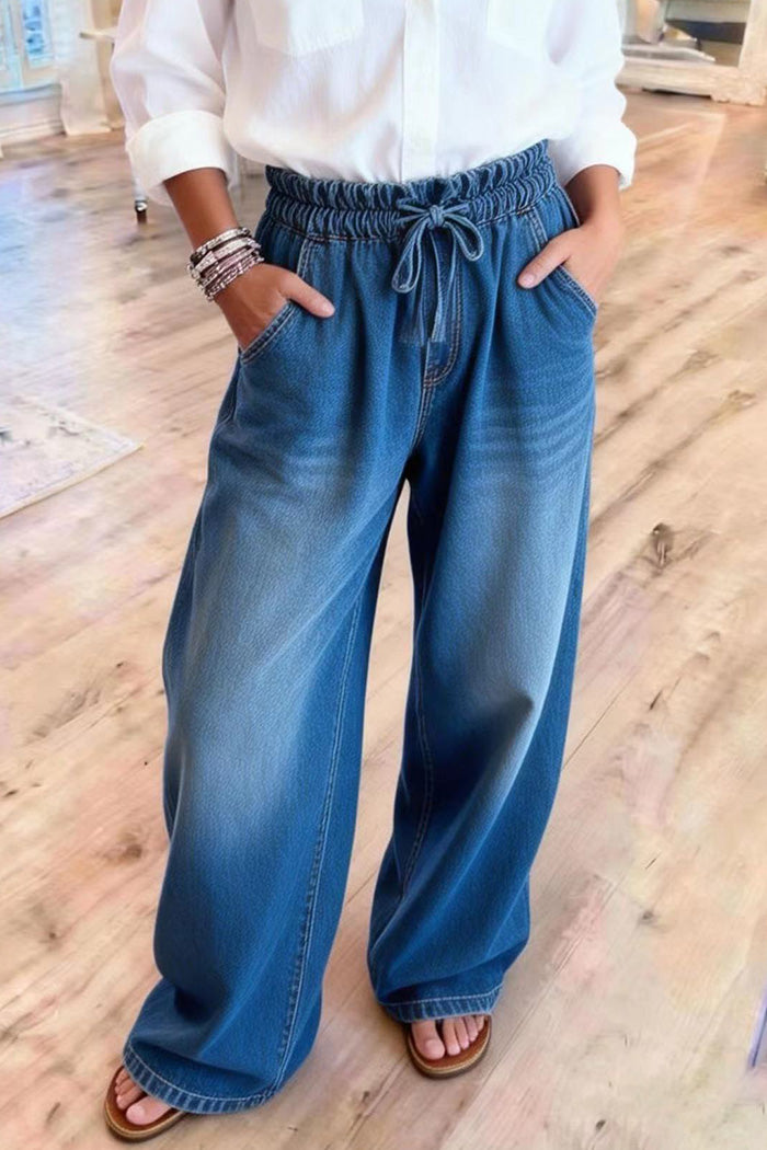 Drawstring Wide-Leg Denim Pants