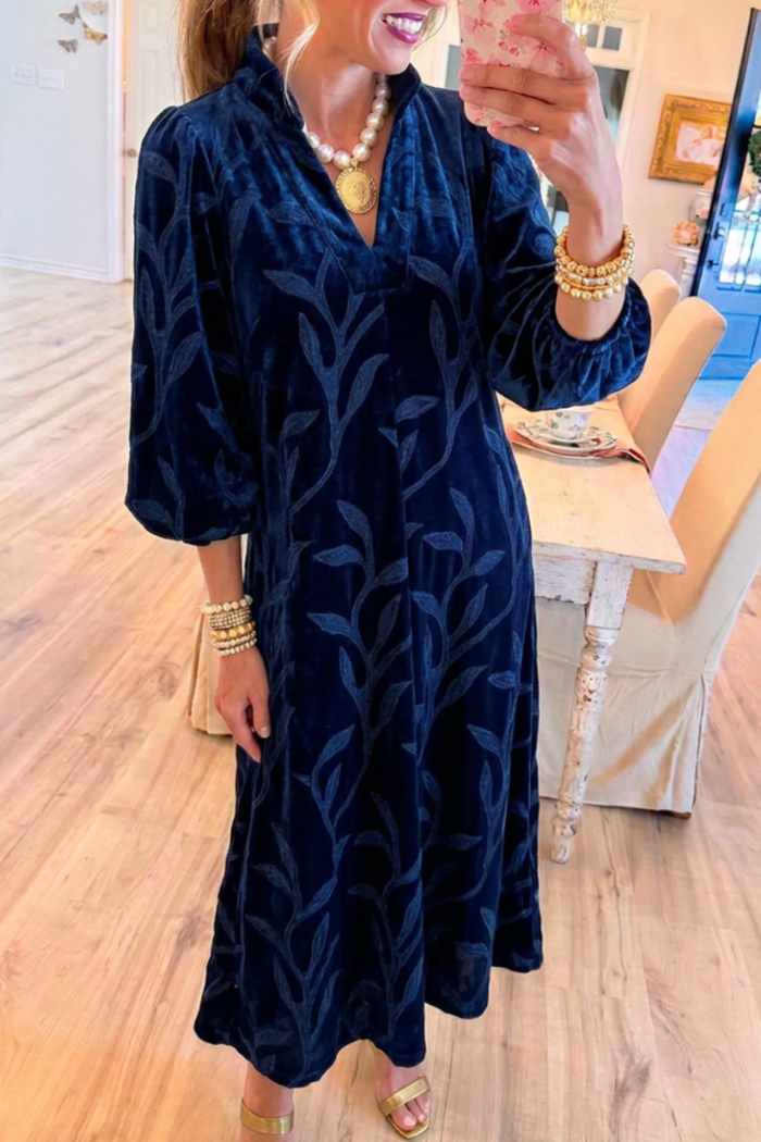 Navy Velvet Leaf Jacquard Split Collar Balloon Sleeve Dress