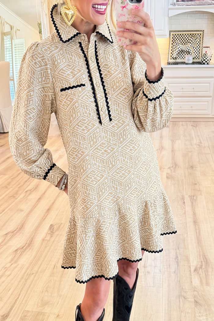 Jacquard Ric‑Rac Trim Long Sleeve Pocket Ruffle Hem Dress